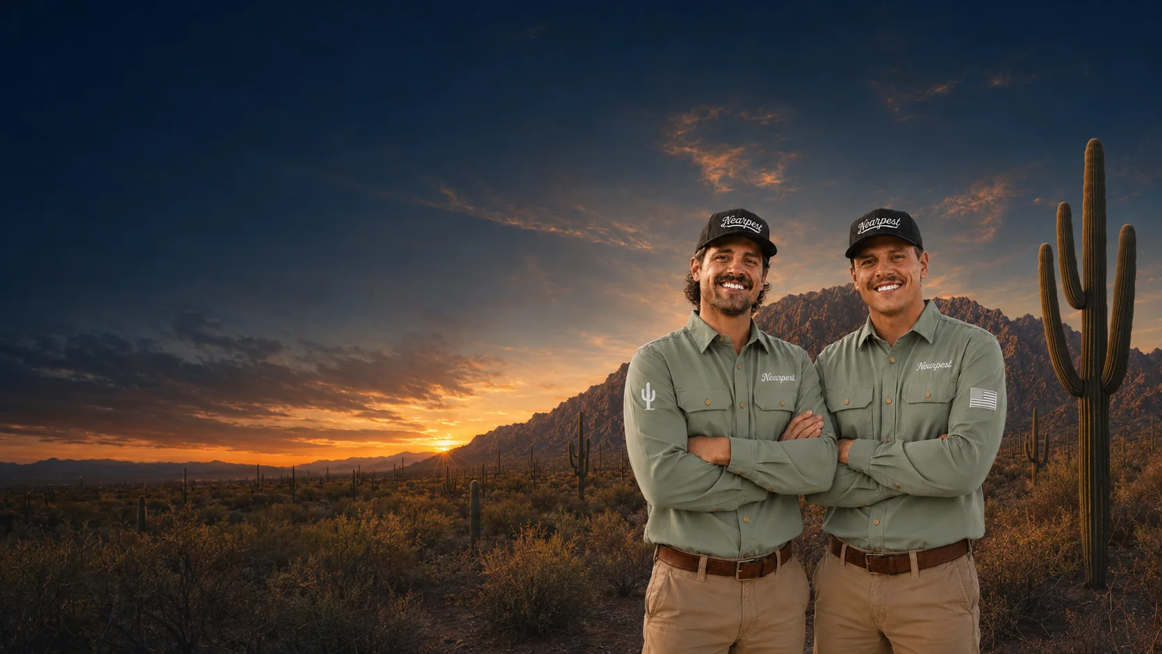 NEARPEST owners Ryland and Keegan in uniform in the Arizona desert